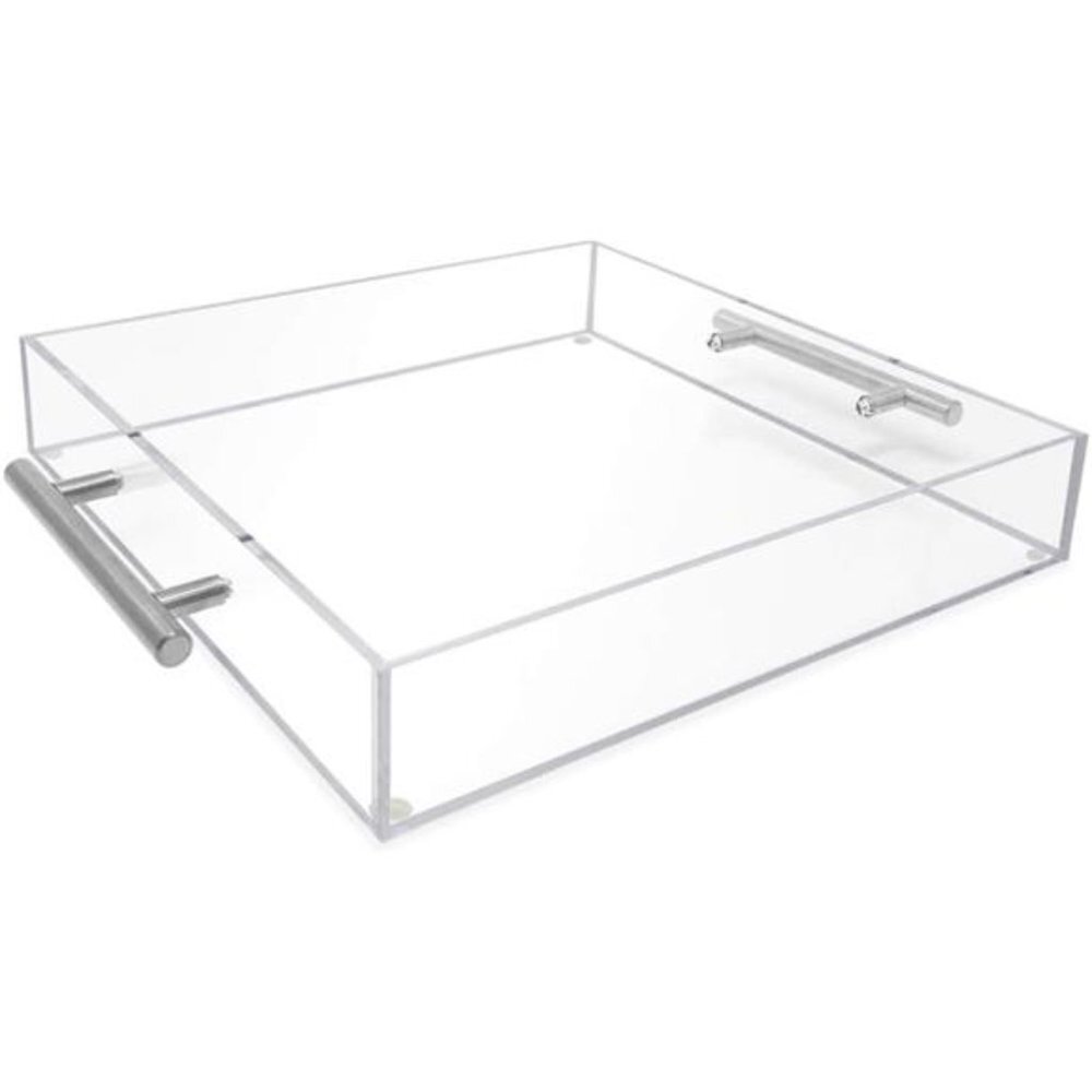 Clear Acrylic Serving Tray (12x12) with Silver Metal Handles, Spill-Proof
